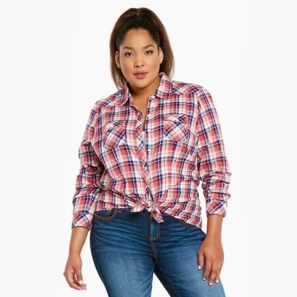 Torrid Plaid Camp Shirt Womens Plus SZ 2X Button Down Red Blue Classic Americana - Picture 1 of 11